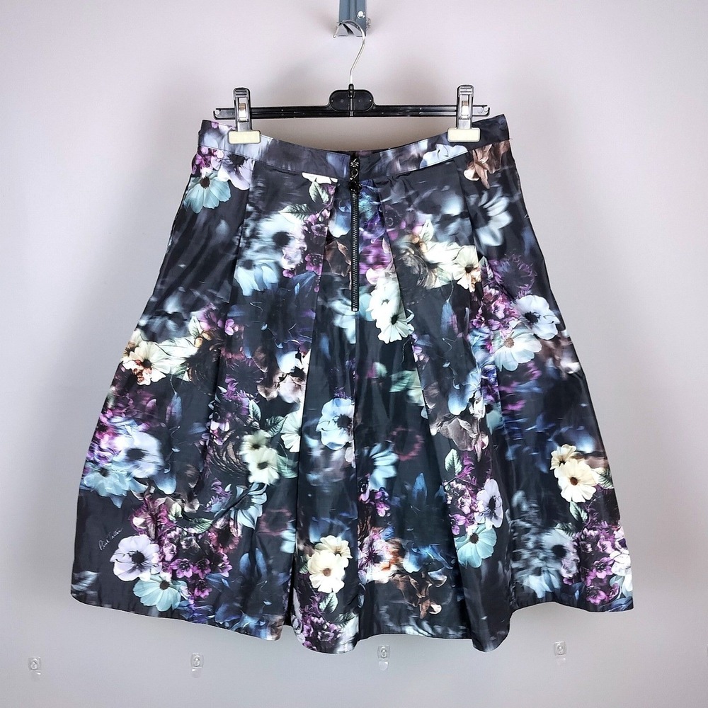Pink Tartan Satin Pleated Floral Midi‎ Skirt Size 12 Large Black Purple Pockets - Picture 2 of 10